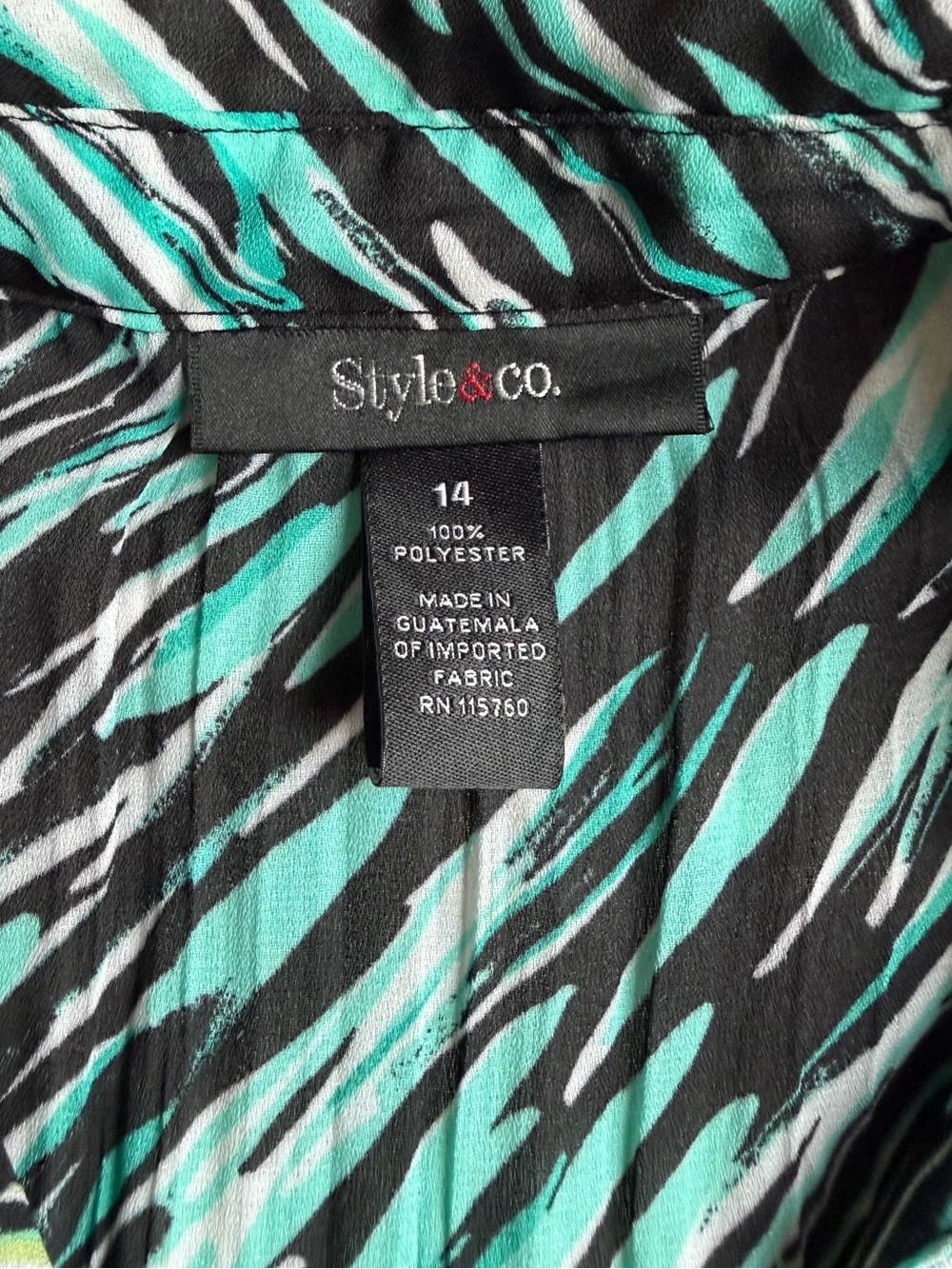 Style & Co Vintage Y2K Teal Green Abstract Ruffle V-Neck Pleated Blouse Size 14 - Picture 7 of 8
